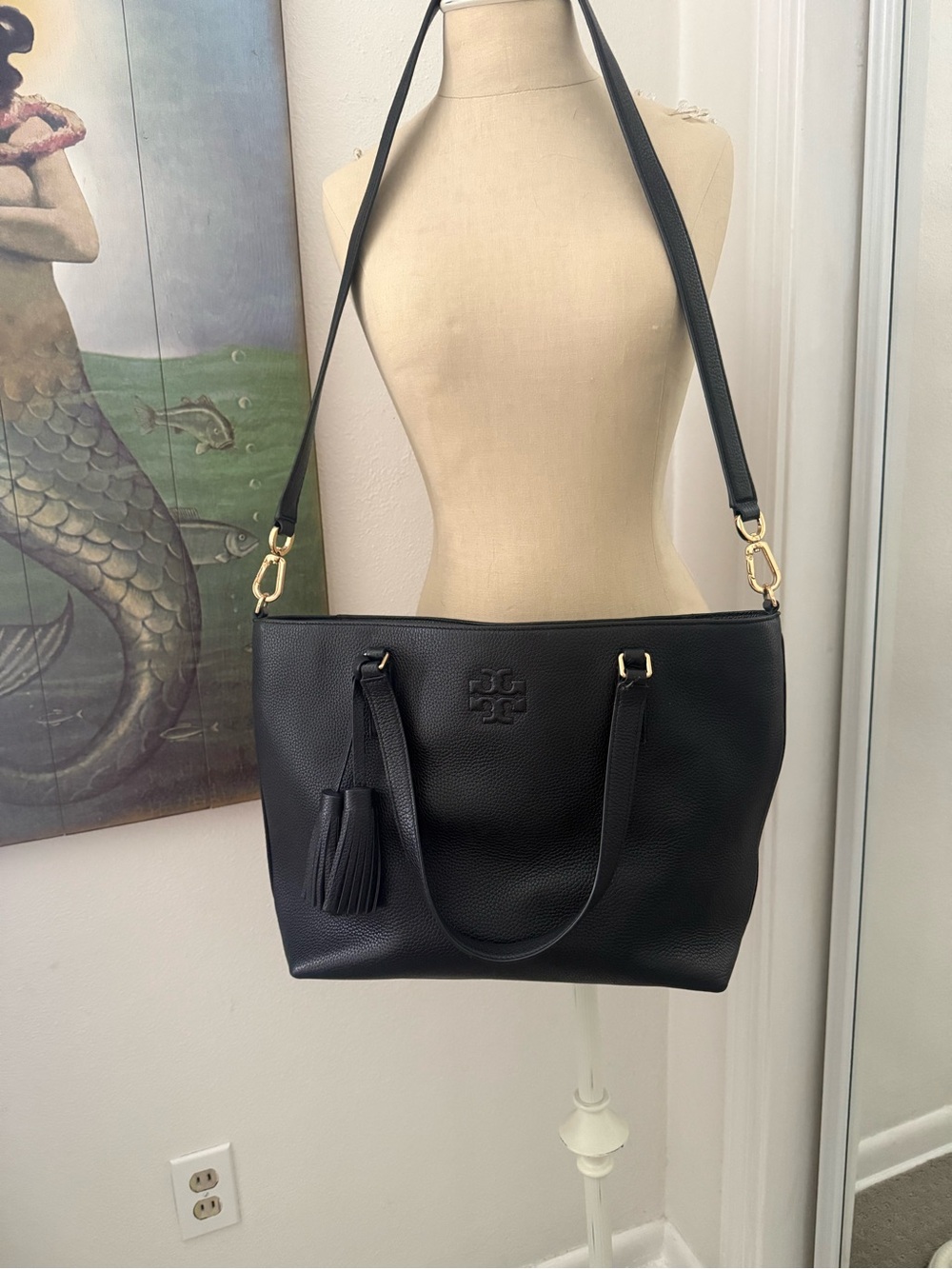 Tory Burch Black Pebbled Leather Tote with Tassel Accent
